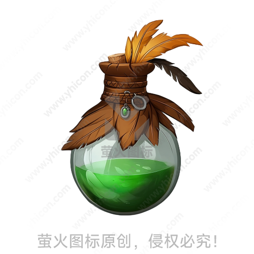 卡通风格玻璃瓶、软木塞、羽毛、绿色液体