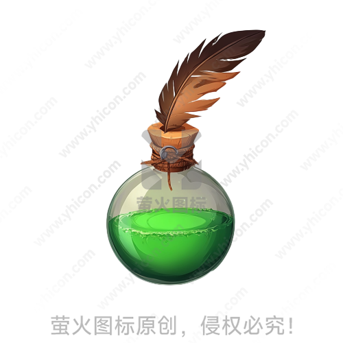 卡通风格玻璃瓶、羽毛、软木塞、绿色液体