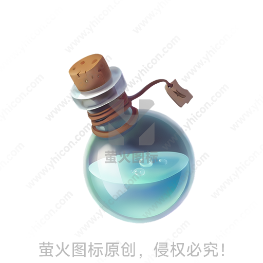 卡通风格球形玻璃瓶身配软木塞、金属环、棕色绳装蓝色液体