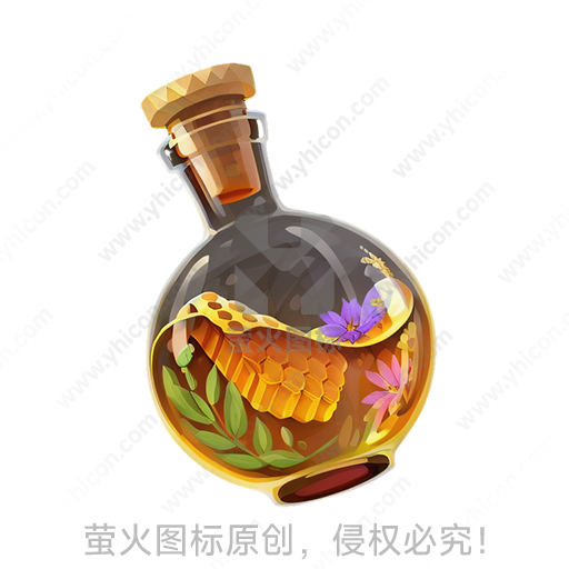 卡通风格玻璃瓶、软木塞、蜂蜜、花朵、绿叶