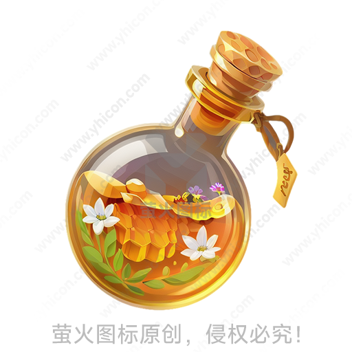 卡通风格玻璃瓶、软木塞、花朵、蜂蜜