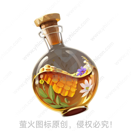 卡通风格玻璃瓶、软木塞、花朵、蜂蜜