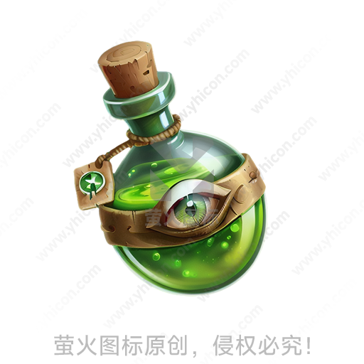 卡通风格绿色玻璃瓶、软木塞、绳索、标签、眼睛图案魔法药水