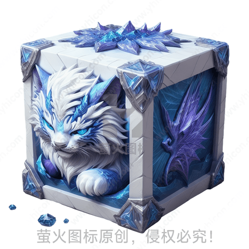 立方体中的白色虚构猫与水晶