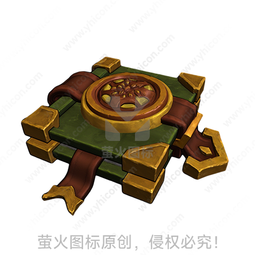 绿色和金色的古代盾牌，装饰有图案
