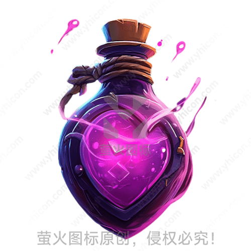 一个发光的紫色心形瓶，漂浮液体溢出