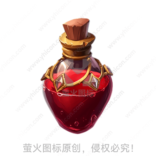 红色液体瓶子，金色装饰，木质瓶塞