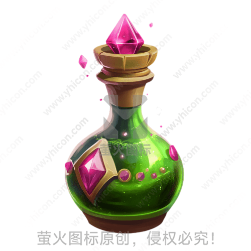 绿色液体的玻璃瓶，瓶顶是粉红色水晶