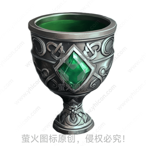 图片内容: 银色装饰杯，有绿宝石和复杂纹样