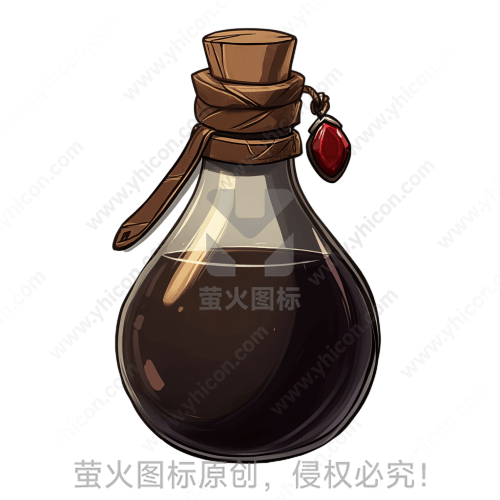 玻璃药瓶，封口用皮带绑紧，挂有红宝石