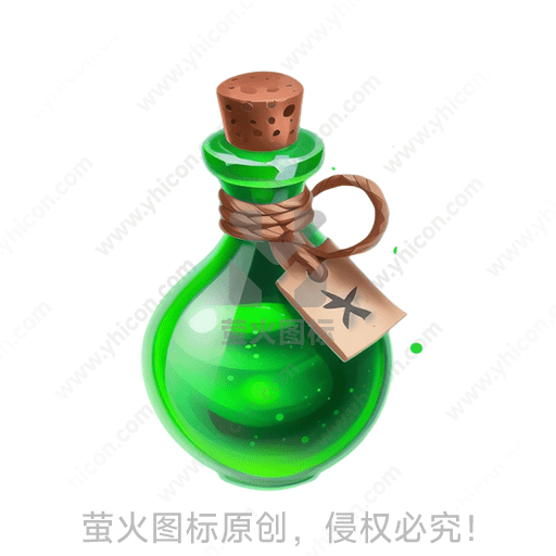 绿色药水瓶，软木塞，绳结，悬挂标签