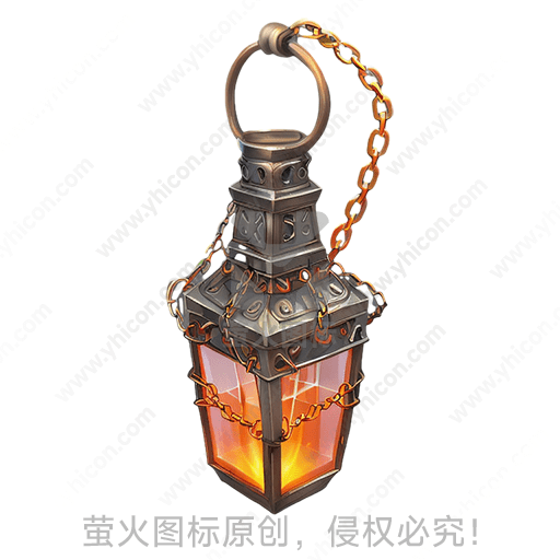 古风铁制灯笼，链条缠绕，发出橙黄光芒