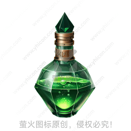 绿色液体的神秘瓶子，顶部为水晶塞