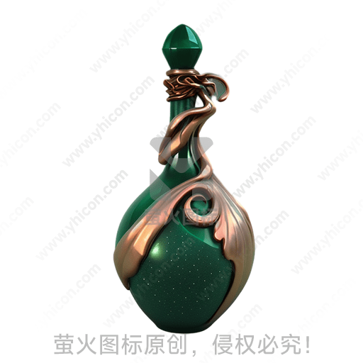 图片描述: 翠绿色魔法药瓶，铜色螺旋装饰