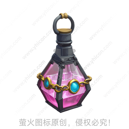 粉色宝石灯笼，金色链条，蓝色宝石装饰