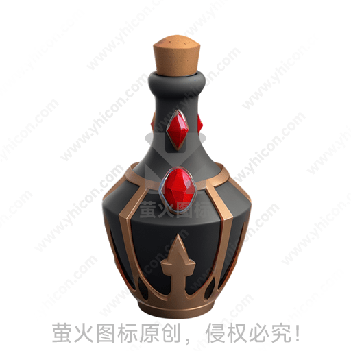 黑色瓶子，镶有红宝石和铜色装饰