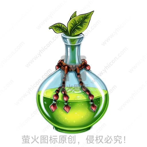 绿色液体的玻璃瓶，瓶颈上有珠链和叶子