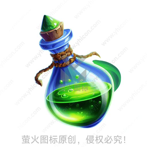 绿色液体的蓝色玻璃瓶，瓶颈绑麻绳
