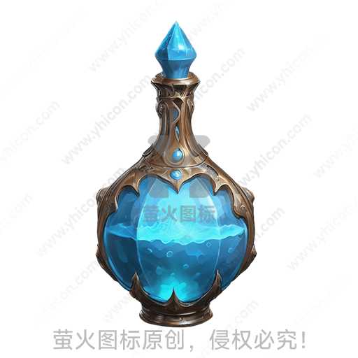 蓝色液体填充的透明玻璃瓶，瓶颈顶部装饰有蓝宝石