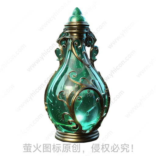 蓝绿色瓶子，装饰华丽，内有光芒