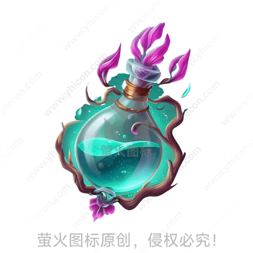 中文描述: 瓶中蓝色荧光液体，外围缠绕紫色花瓣