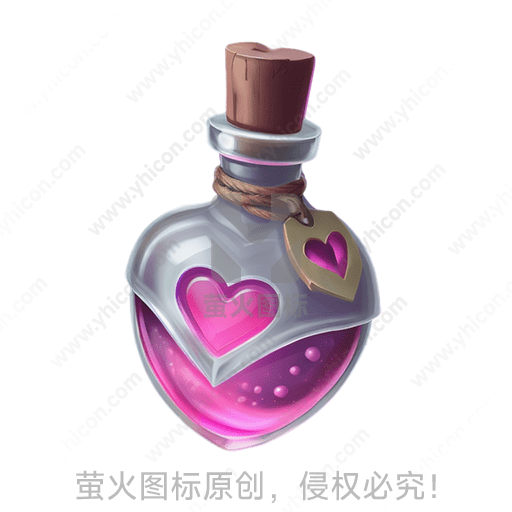 粉红色液体的心形瓶子，瓶塞和挂牌