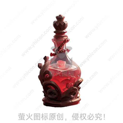 一只装饰精美的红色玻璃瓶，瓶内有玫瑰