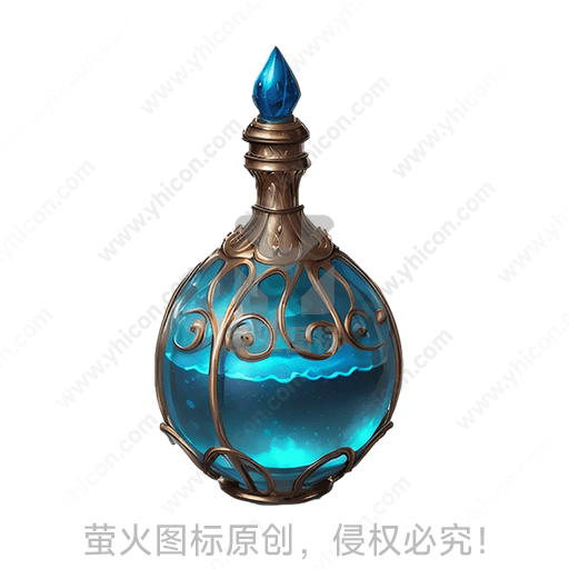 蓝色液体的古典魔法瓶，顶部有宝石