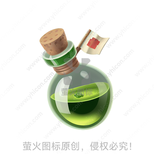绿色液体装满的玻璃瓶，瓶颈绑国旗