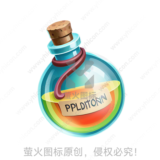 彩虹色液体的玻璃瓶，瓶口封有软木塞