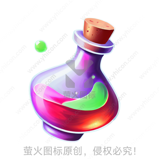 五颜六色的神奇药水瓶，悬浮的绿色小球