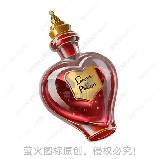 爱心形状的红色瓶子，有“Love Potion”标签