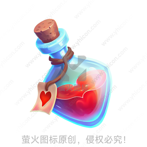 蓝色玻璃瓶内含红心形物体，带标签