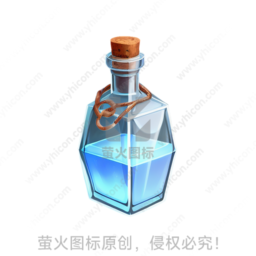 六角形蓝色液体瓶，木塞与绳索装饰