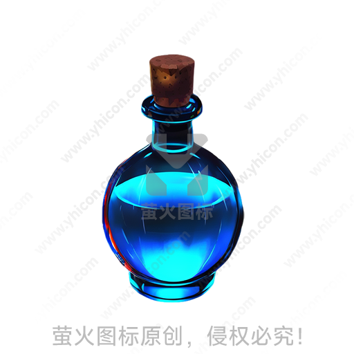 蓝色光芒的透明玻璃瓶，带软木塞