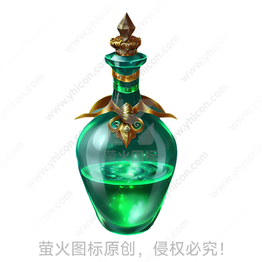 绿色玻璃瓶，内含液体，金色装饰