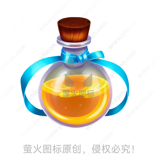 玻璃瓶子里装着橙色液体，蓝色丝带系于颈部