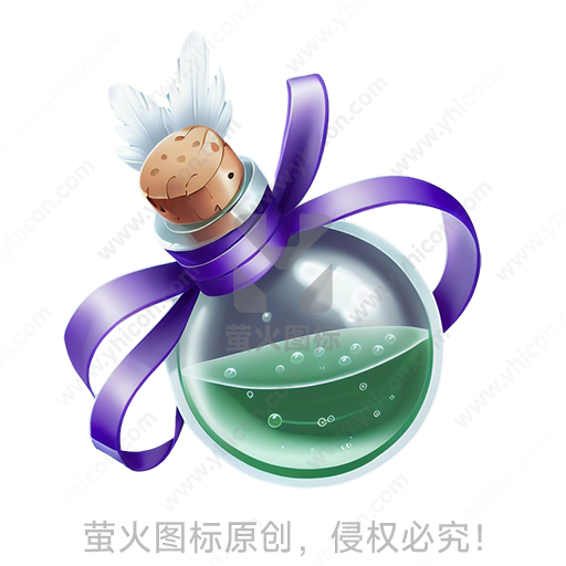 玻璃瓶子内装有绿色液体，封口处绑紫色丝带，瓶塞上插羽毛