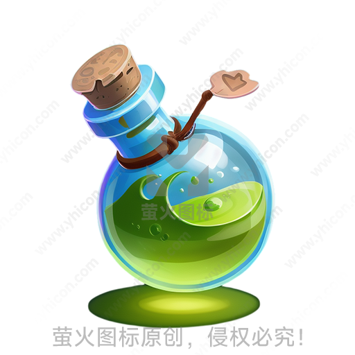 透明瓶子内装有绿色液体，上有软木塞
