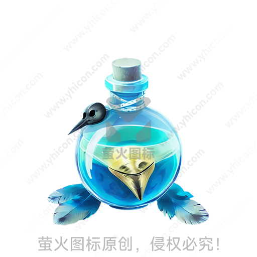 蓝色玻璃瓶内含金色宝石，瓶身鸟形