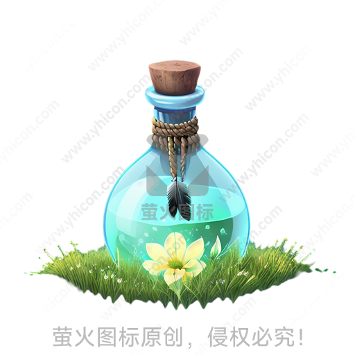 草地上有一个蓝色玻璃瓶，瓶颈有绳和羽毛