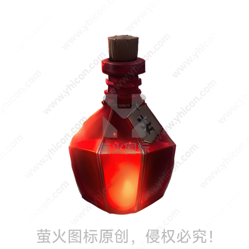 红色液体充填的多棱玻璃瓶，瓶颈绑有标签