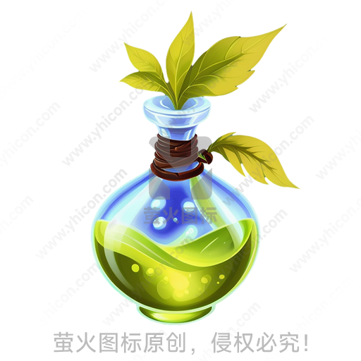 圆形瓶子里装着绿色液体，瓶颈缠有树枝