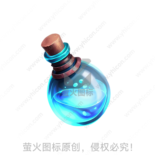 蓝色液体充满的透明玻璃瓶，塞子封口