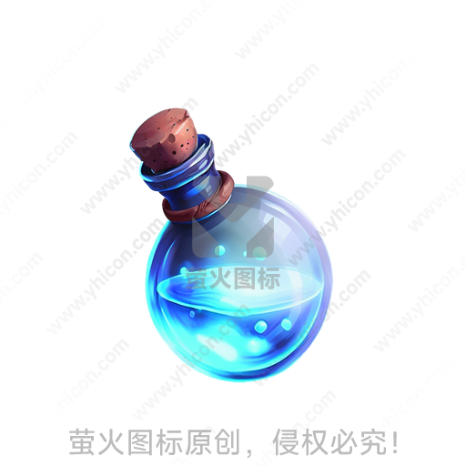 蓝色液体装满的透明小瓶，瓶塞为软木