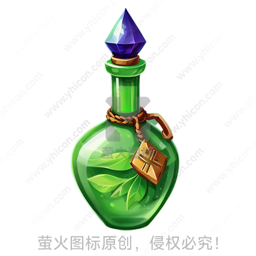 绿色药水瓶，顶部紫色水晶，棕色绳结