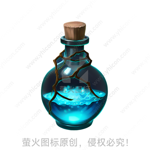 蓝色液体，木塞，包裹树枝的玻璃瓶
