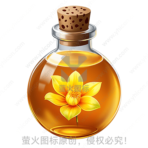 圆形玻璃瓶内装黄色液体，瓶身贴有花朵图案