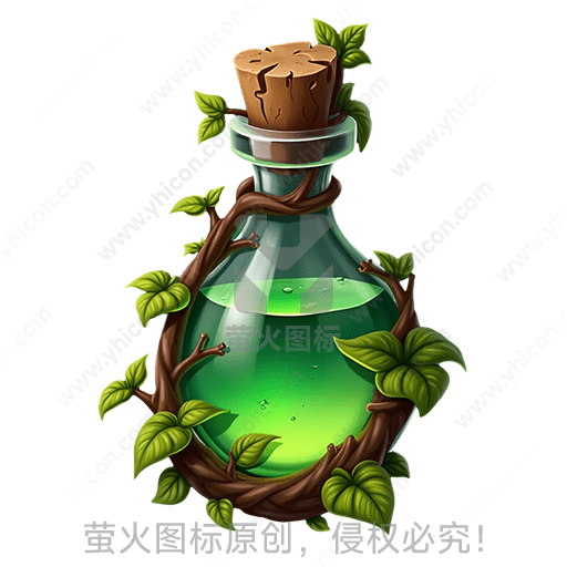 一个玻璃瓶中装满绿色液体，缠绕着藤蔓和叶子