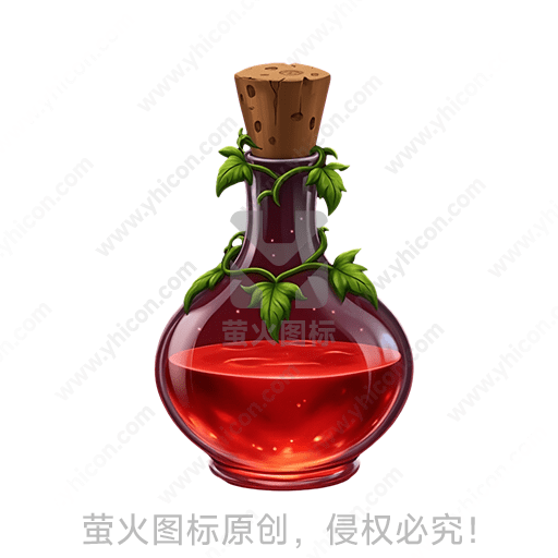 玻璃瓶中装着红色液体，瓶颈缠绕绿叶